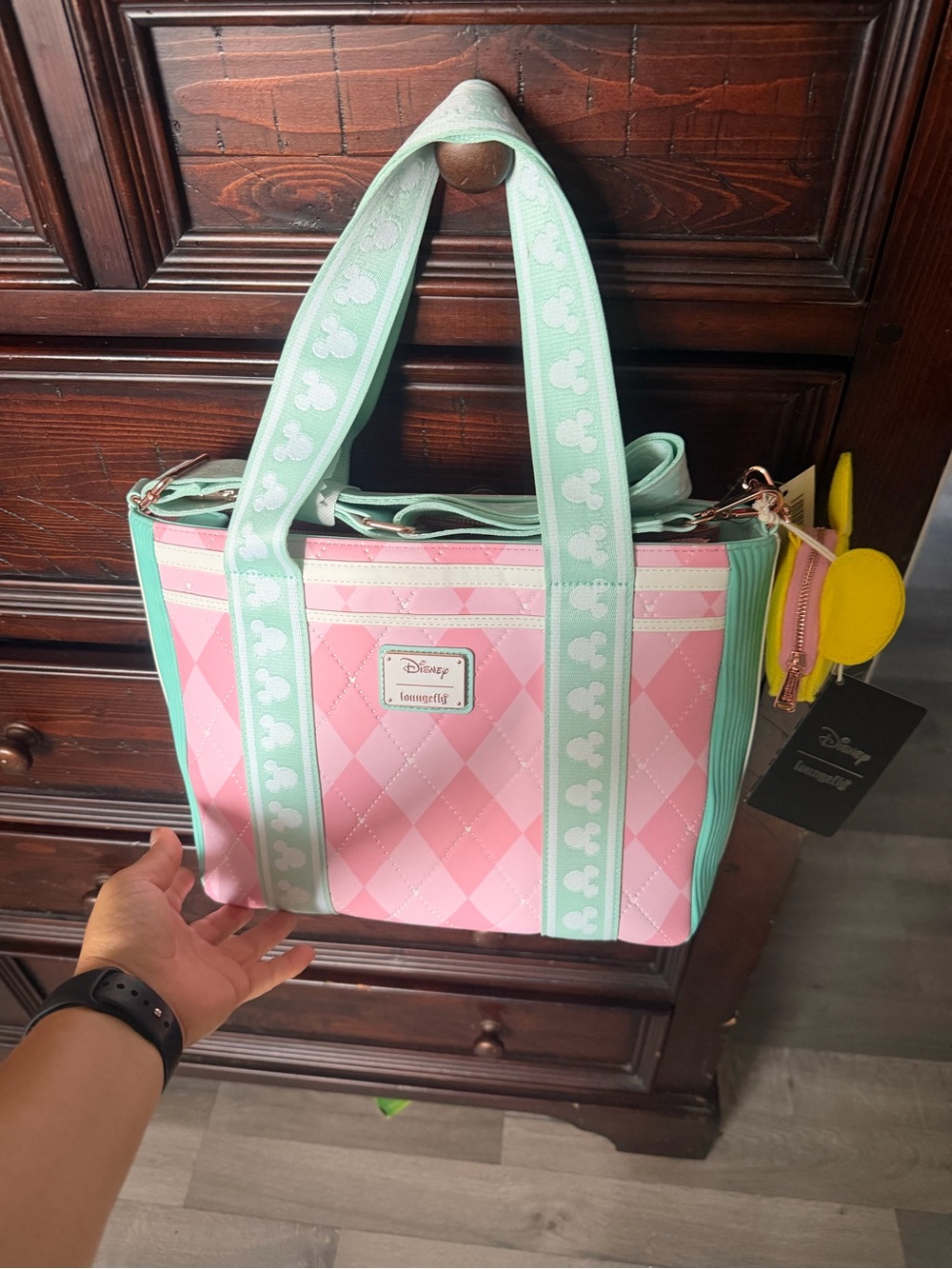 Disney Pink and Mint Quilted Tote with Mickey Trim
